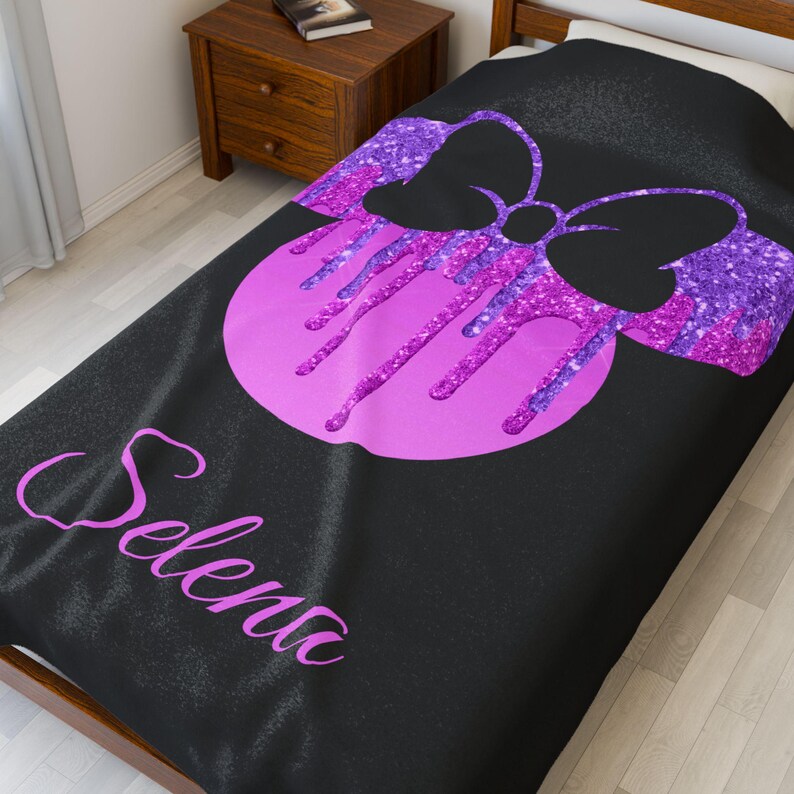 Pink and Black Glitter Drip Minnie Mouse Disney Velveteen Plush Blanket | Personalized Name Throw image 6