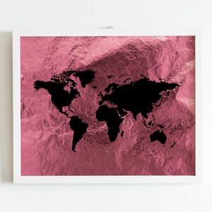 Wereldkaart kunst aan de muur, roze + zwarte folie wereldkaart, wereldkaart digitale download, wereldkaart afdrukbare, wereldkaart afdrukken, roze + zwarte folie kunst