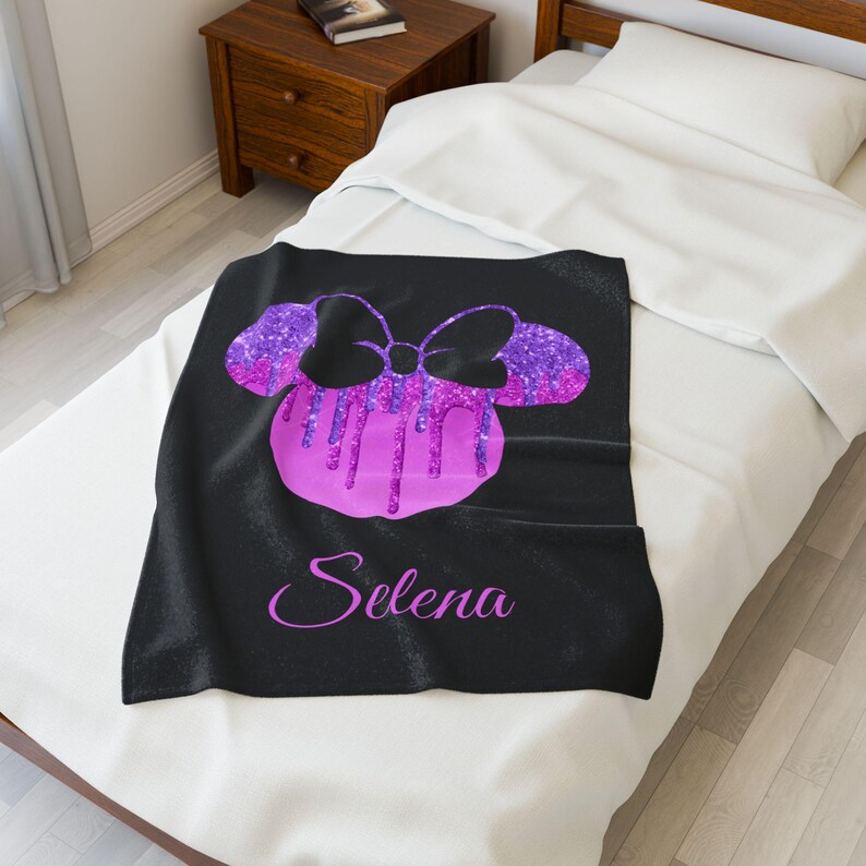 Pink and Black Glitter Drip Minnie Mouse Disney Velveteen Plush Blanket | Personalized Name Throw image 7