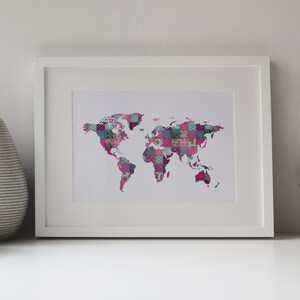 Wereldkaart kunst aan de muur, wereldkaart digitale download, kaart afdrukbare, quilt kaart digitale print, quilt Art Print, patchwork wereldkaart kunst, quilt kaart
