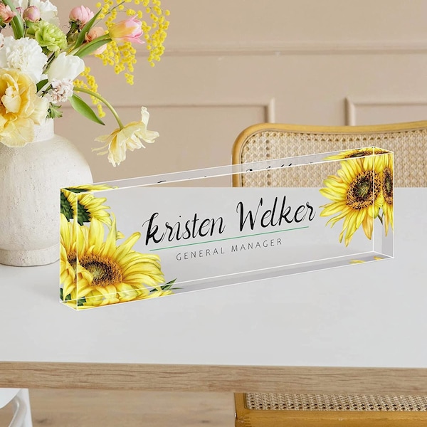 Name Plate for Desk, Personalized Clear Acrylic Desk Sign, Custom Name Sign, Desk Plaque, Sunflower Office Decor, Secretary gift