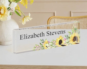 Name Plate for Desk, Personalized Clear Acrylic Desk Sign, Custom Name Sign, Desk Plaque, Sunflower Office Decor, Secretary gift