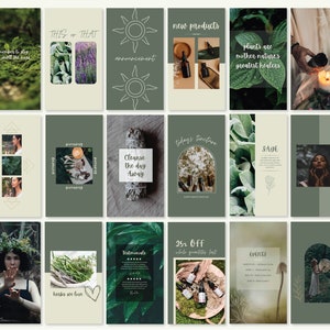 Pu&ograve; includere: Un collage di 12 modelli di storie Instagram con schemi di colore verde e beige. I modelli presentano immagini di piante, erbe e bottiglie di oli essenziali. Il testo sui modelli include frasi come "Questo o quello", "Nuovi prodotti", "Le piante sono i pi&ugrave; grandi guaritori della madre natura", "Pulisci la giornata", "La tintura di oggi", "Salvia", "Le erbe che amiamo", "Testimonianze", "Sconto del 25%" e "Eventi".