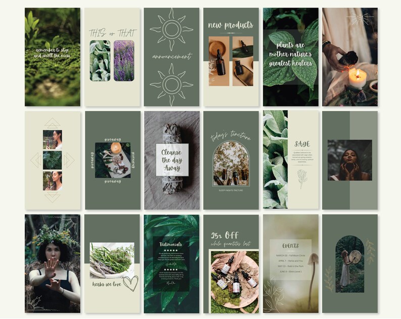 Pu&ograve; includere: Un collage di 12 modelli di storie Instagram con schemi di colore verde e beige. I modelli presentano immagini di piante, erbe e bottiglie di oli essenziali. Il testo sui modelli include frasi come "Questo o quello", "Nuovi prodotti", "Le piante sono i pi&ugrave; grandi guaritori della madre natura", "Pulisci la giornata", "La tintura di oggi", "Salvia", "Le erbe che amiamo", "Testimonianze", "Sconto del 25%" e "Eventi".