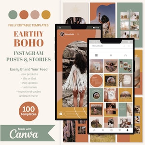 100 Instagram Story and Post Templates, Editable Canva Templates, Earthy Boho Instagram Templates, Soft and Creative Quotes for Instagram