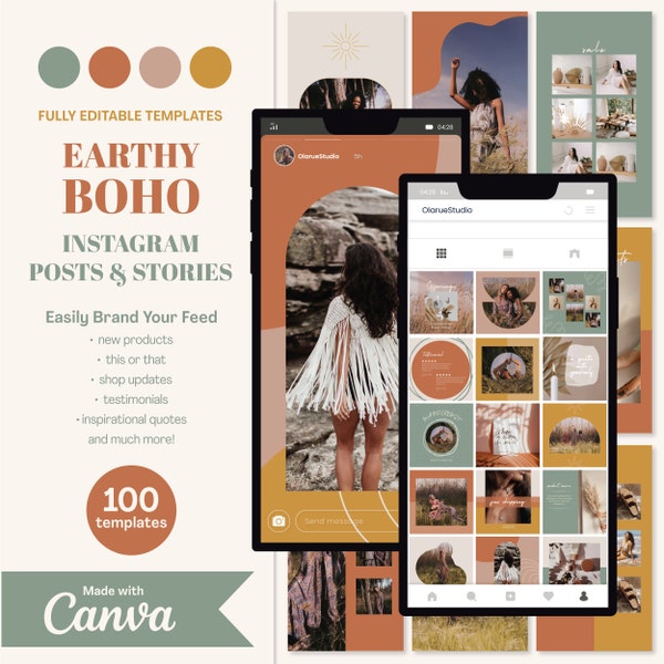 100 Instagram Story and Post Templates, Editable Canva Templates, Earthy Boho Instagram Templates, Soft and Creative Quotes for Instagram