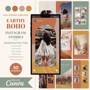 May include: A set of 50 Instagram story templates with an earthy boho theme. The templates feature a variety of colors, including brown, orange, and green. The templates are designed to help you easily brand your feed and promote your products or services.