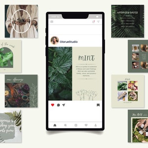 Pu&ograve; includere: Una raccolta di post di Instagram con piante e erbe verdi. I post includono testo su menta, nuove offerte, eventi in arrivo e un saldo. I post sono progettati in uno stile minimalista con uno schema di colori verde e bianco.