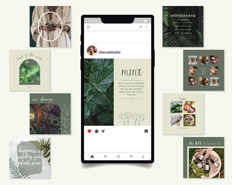 Pu&ograve; includere: Una raccolta di post di Instagram con piante e erbe verdi. I post includono testo su menta, nuove offerte, eventi in arrivo e un saldo. I post sono progettati in uno stile minimalista con uno schema di colori verde e bianco.