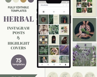 Modelli Instagram per erboristerie: tema verde, attività di guarigione (modificabile con Canva)