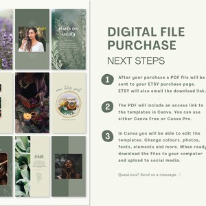 Pu&ograve; includere: Istruzioni per l'acquisto di file digitali per modelli Canva. L'immagine mostra un collage di nove quadrati verdi e beige con immagini di piante, erbe e testo. Il testo include "Lavender", "Plants for Anxiety", "New Blog Post", "Tea Time", "Sage", e "Digital File Purchase".