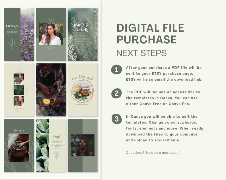 Pu&ograve; includere: Istruzioni per l'acquisto di file digitali per modelli Canva. L'immagine mostra un collage di nove quadrati verdi e beige con immagini di piante, erbe e testo. Il testo include "Lavender", "Plants for Anxiety", "New Blog Post", "Tea Time", "Sage", e "Digital File Purchase".