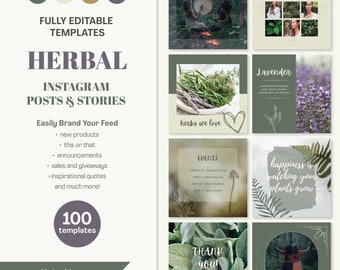 Herbal Instagram Templates: Green Witch Posts & Stories (Canva Editable)