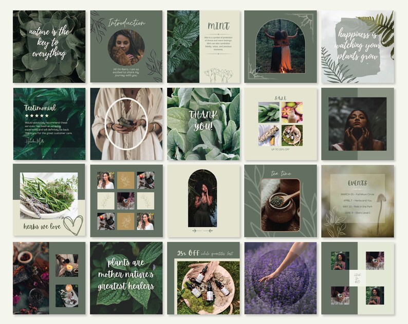 Pu&ograve; includere: Un collage di immagini che promuovono un'attivit&agrave; incentrata sulle piante e la natura. Le immagini mostrano piante, erbe e persone che interagiscono con la natura. Il testo include frasi come "la natura &egrave; la chiave di tutto", "le erbe che amiamo", "le piante sono i pi&ugrave; grandi guaritori della madre natura" e "la felicit&agrave; &egrave; guardare le tue piante crescere".