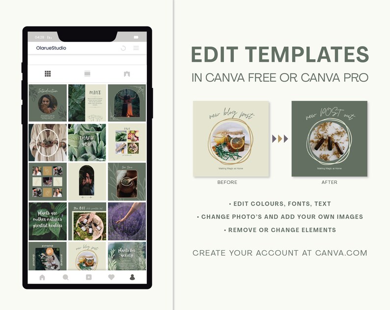 Pu&ograve; includere: Un set di 16 modelli di post Instagram con uno schema di colori verde e beige. I modelli presentano immagini di piante, erbe e barattoli di miele. Il testo sui modelli include "nuovo post del blog", "le piante sono i pi&ugrave; grandi guaritori della madre natura" e "piante per la purezza".