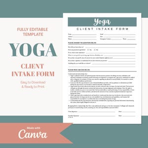 Könnte beinhalten: Eine druckbare Yoga-Kundenaufnahme-Formularvorlage mit dem Text "Yoga Client Intake Form" in einem rosa Kasten. Das Formular enthält Abschnitte für Kundeninformationen, Fragen zu ihrer Yoga-Erfahrung und einen Verzicht, den der Kunde lesen und unterschreiben muss.
