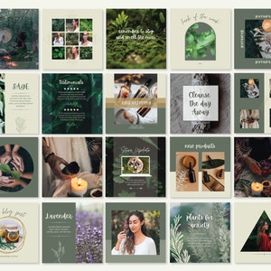 Pu&ograve; includere: Un collage di post di Instagram con fogliame verde, erbe, candele e altri elementi naturali. Il testo sui post include "Salvia", "Testimonianze", "Spedizione gratuita", "Erba della settimana", "Pulisci la giornata", "Aggiornamento del negozio", "Nuovi prodotti", "Nuovo post del blog", "Lavanda" e "Piante per l'ansia".