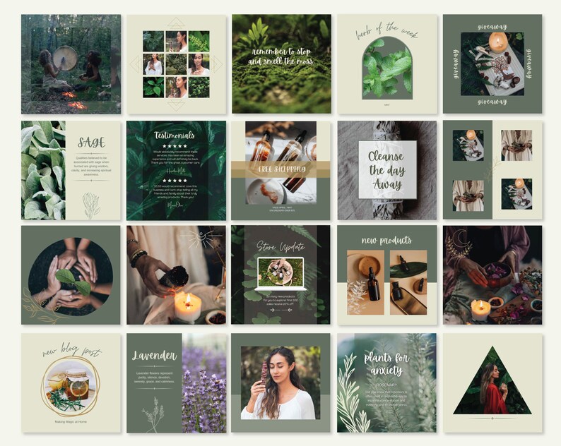 Pu&ograve; includere: Un collage di post di Instagram con fogliame verde, erbe, candele e altri elementi naturali. Il testo sui post include "Salvia", "Testimonianze", "Spedizione gratuita", "Erba della settimana", "Pulisci la giornata", "Aggiornamento del negozio", "Nuovi prodotti", "Nuovo post del blog", "Lavanda" e "Piante per l'ansia".