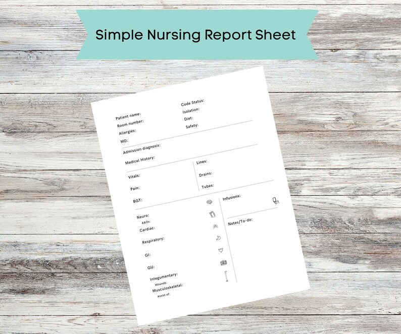 Printable Simple Nursing Report Sheet, Medsurg, ICU, RN - Etsy