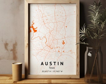 City Map Print | Map Print | Austin Texas White and Orange | Austin Texas Map Print | Texas Map | Digital Download City Map | Wall Art