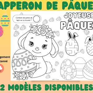 May include: A black and white coloring page featuring a bunny rabbit holding an Easter egg. The page also includes a maze, a counting activity, and the text "Joyeuses Pâques".