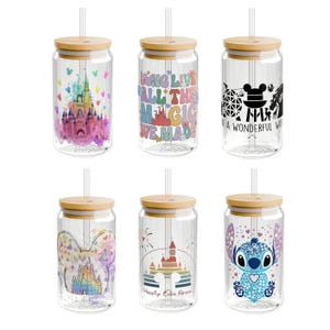 Disney Inspired Glass Can Tumblers with Bamboo Lid & Straw | Magical Castle and Character Designs | 16oz | Perfect Disney Gift