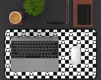 Black & White Mouse Ear Checkerboard Desk Mat | Cute Aesthetic Desk Pad | Gamer and Office Mouse Pad | Magical Inspired Workspace Decor