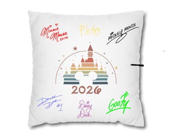 Funda de almohada con autógrafos de Disney: muestra la firma del personaje, recuerdo del parque temático, almohada decorativa de 40 x 40 cm, decoración personalizada para el hogar