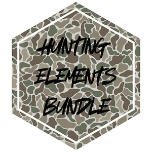 May include: A hexagonal graphic with a camouflage pattern and the text "Hunting Elements Bundle" in black.