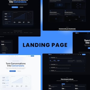 May include: A digital marketing landing page design with a blue and white color scheme. The page includes charts, graphs, and text that reads "Turn Conversations Into Conversions" and "LANDING PAGE".