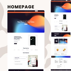 May include: Homepage for a financial app with a dark blue and orange gradient background. The text "Your Finances. Your Rules." is displayed in white. The app features unified finance, fast transactions, and privacy first. The app also has intelligent insights, instant wallet syncing, and auto savings & smart budgets.