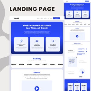 May include: A blue and white landing page for a financial management platform called FinanceHub. The page features a headline that reads "Meet FinanceHub to Elevate Your Financial Growth."  The page also includes a description of the platform's features, such as a robust and versatile platform, seamless collaboration, and security and compliance. The page also includes a section about the company and a section on pricing.