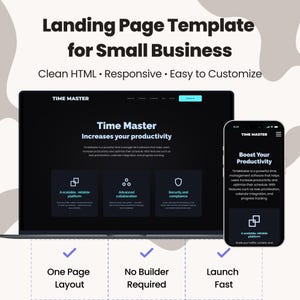 Puede incluir: Una plantilla de página de destino para pequeñas empresas, con un fondo oscuro en el que se muestran un portátil y un teléfono móvil que muestran un sitio web para un software de gestión del tiempo llamado "Time Master". El sitio web destaca características como una plataforma escalable, colaboración avanzada, seguridad y cumplimiento, y el aumento de la productividad. La página de destino también enfatiza un diseño de una sola página, no se requiere ningún constructor, y un lanzamiento rápido.
