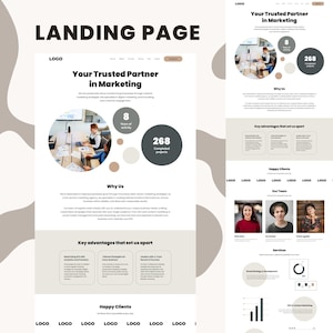 Può includere: Una pagina di atterraggio per un'azienda di marketing. La pagina presenta una foto di un team che lavora su un laptop, insieme a un testo che evidenzia l'esperienza, i servizi e le testimonianze dei clienti dell'azienda. Il testo include le frasi "Il tuo partner di fiducia nel marketing", "Perché noi", "Vantaggi chiave che ci distinguono" e "Clienti soddisfatti".