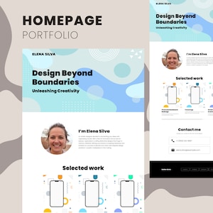 Pode incluir: Uma página inicial de site para uma designer gráfica chamada Elena Silva. O site apresenta um fundo abstrato colorido com uma foto de Elena Silva e o texto "Design Beyond Boundaries Unleashing Creativity".