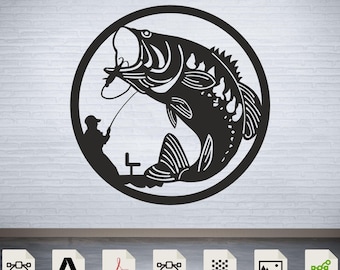 May include: Black and white silhouette of a fisherman reeling in a large bass fish. The image is in a circle shape and is suitable for use as a cut file for crafting projects.
