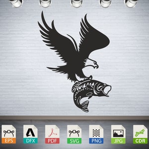 May include: Black and white silhouette of an eagle with its talons wrapped around a fish. The eagle is in flight and the fish is facing the viewer with its mouth open. The image is suitable for use as a logo, decal, or other design element.
