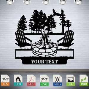 May include: Black metal silhouette of a campfire scene with two chairs, trees, and a fire pit. The text "YOUR TEXT" is below the scene.
