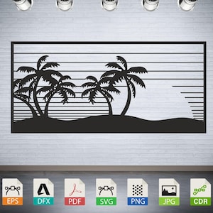 Palmera al atardecer SVG DXF: Archivos vectoriales CNC cortados con láser