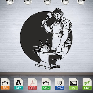 May include: Black and white silhouette of a blacksmith working at an anvil with a hammer in hand. The image is set against a black circle background.