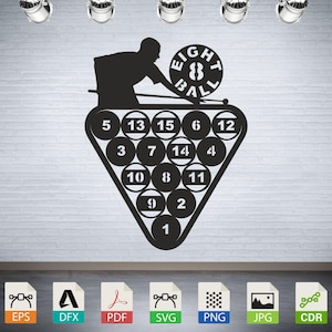 Puede incluir: Silueta negra de un jugador de billar apuntando a un grupo de bolas de billar numeradas. La bola ocho se muestra de forma destacada. La imagen incluye el texto "EIGHT BALL". El diseño está sobre una pared de ladrillos blancos.