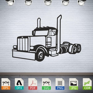 May include: Black and white silhouette of a semi-truck with a long trailer. The truck has a large cab and a long, flatbed trailer. The truck is facing to the right.