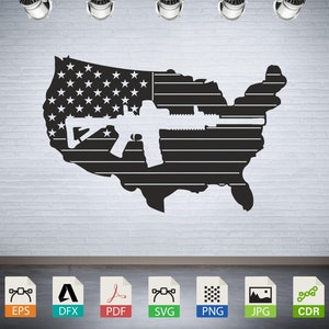 May include: A black and white silhouette of an assault rifle superimposed on a black and white outline of the United States of America. The American flag is in the top left corner of the outline.
