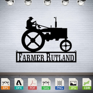 Man on Tractor Sign Svg, Tractor Monogram Dxf, download digital vector files for instant use in laser cutting, CNC routing, and engraving.