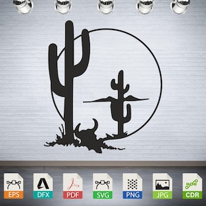 May include: Black and white silhouette of two cacti and a skull in front of a large, round sun. The cacti are tall and slender with multiple arms. The skull is stylized and has a large, round eye socket. The sun is a simple circle with a few rays.