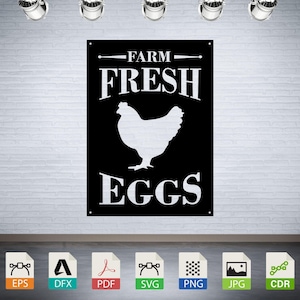 May include: Black metal sign with the words "FARM FRESH EGGS" in white, featuring a white silhouette of a hen. The sign is rectangular and hangs on a white brick wall. The sign is illuminated by several spotlights.