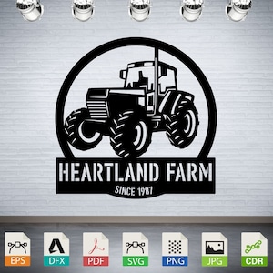 May include: Black and white silhouette of a tractor inside a circle with the text "Heartland Farm Since 1987" below.