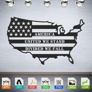 May include: A black and white silhouette of the United States of America with the American flag design and the text "America United We Stand Divided We Fall".