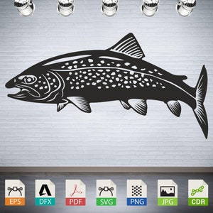 May include: Black and white silhouette of a fish with a spotted pattern. The fish is facing left and has a large tail fin. The image is suitable for use as a cut file for crafting projects.