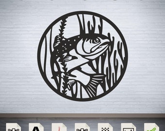 May include: Black and white silhouette of a fish with fins and scales, surrounded by stylized plants, inside a circle. The design is suitable for laser cutting or engraving.